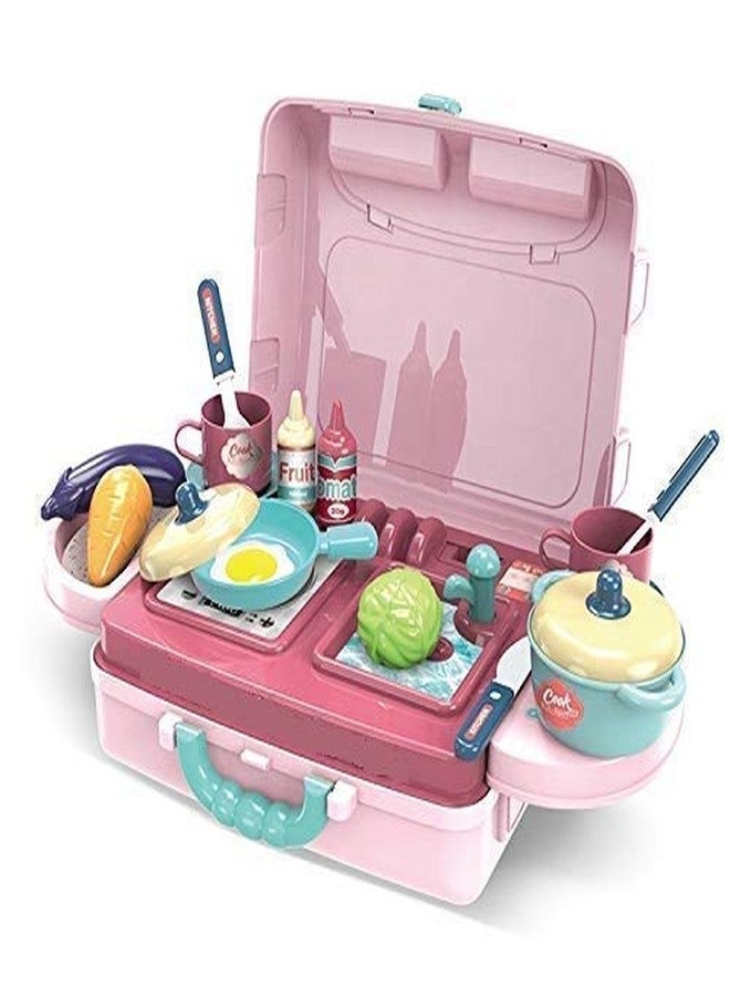 Sakuya Plastic 3 In 1 Kitchen Set Toy For Girls And Boys Kids With Suitcase Model (Pink) | Portable Pretend Little Chef Play Realistic Cooking Accessories Set Toy For Toddler Kids - Image 2